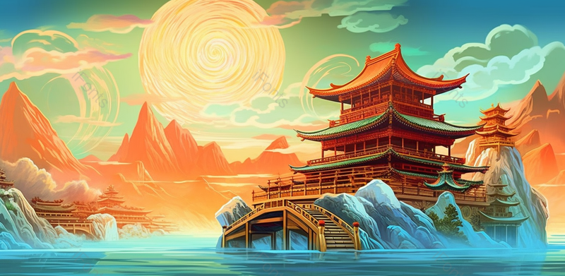 抽象月光国风阁楼古建筑手绘,插画/手绘图,插画/手绘图库,插画/手绘图下载,插画/手绘
